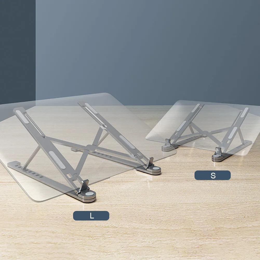 Portable aluminum laptop stand folded and unfolded, showing adjustable height and silver colour