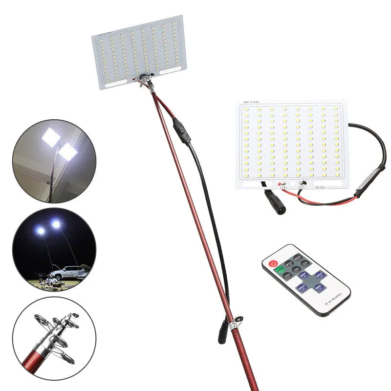 White LED fishing light panel on a tall telescopic pole with a wireless remote control