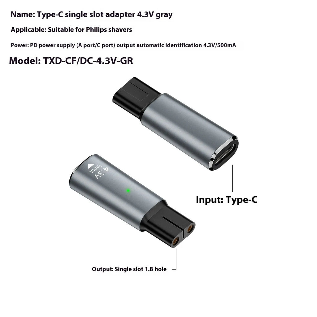 USB-C electric shaver charging adapter with aluminium alloy housing in black or grey colour