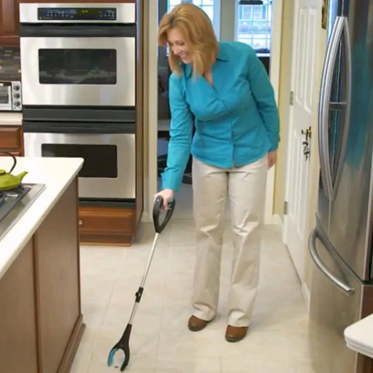 Blue foldable litter picker tool with TPR handle shown extended to its full 83.5 cm length.