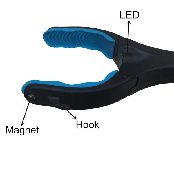 Blue foldable litter picker tool with TPR handle shown extended to its full 83.5 cm length.