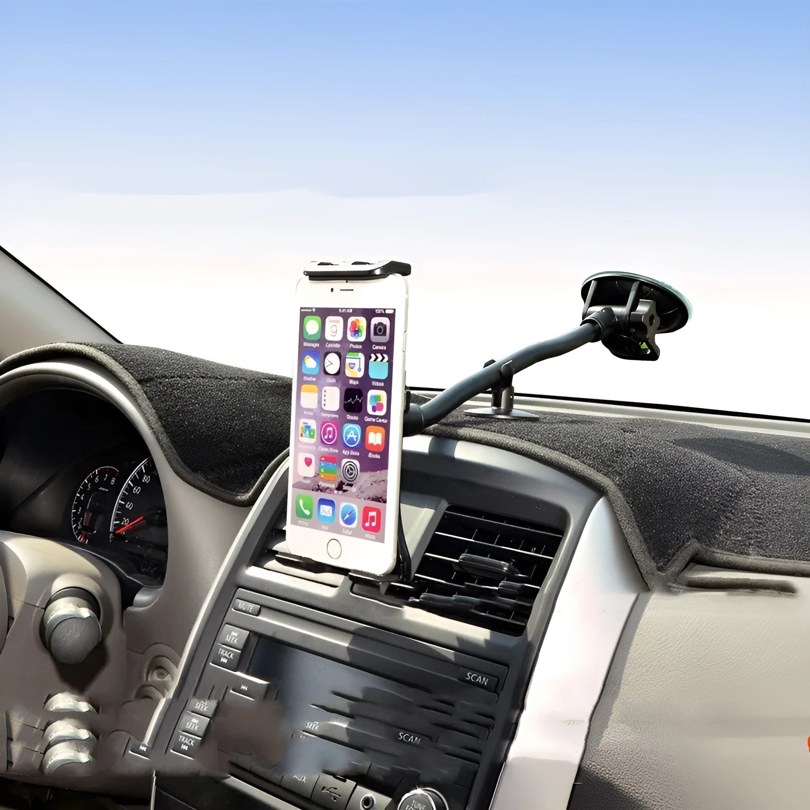Black vehicle-mounted tablet holder with suction cup for 4-12 inch devices.