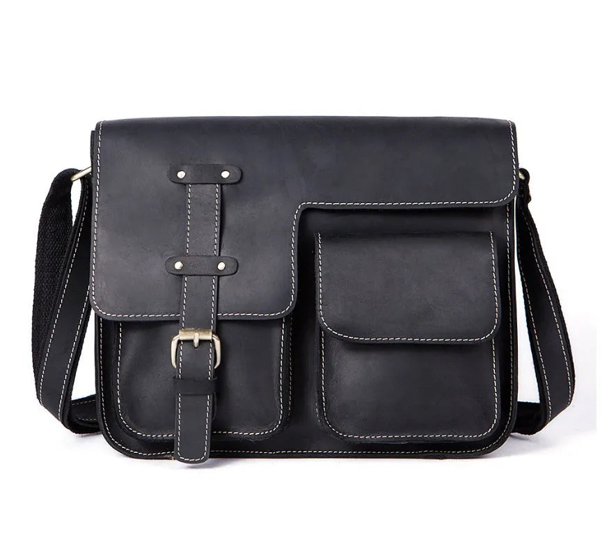 Genuine leather vintage messenger bag with crossbody strap in dark coffee colour showing flap closure