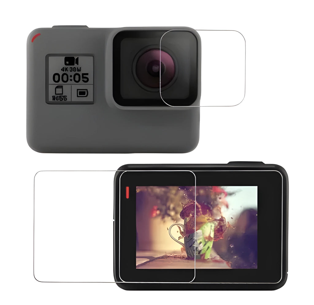 Transparent 9H tempered glass screen and lens protector film for GoPro Hero 5, 6, 7 cameras