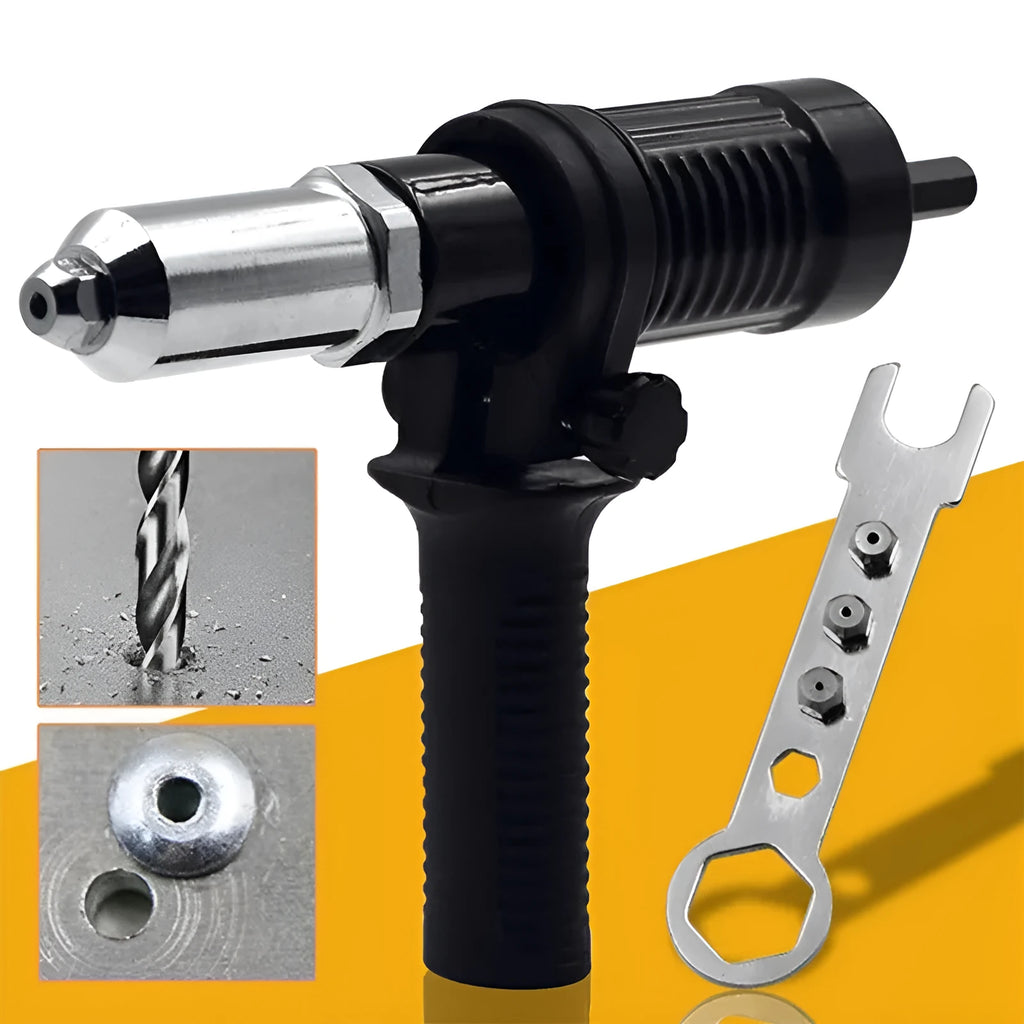 Black metal electric drill rivet gun attachment with alloy steel head, 173mm long, shown with handle and wrench.