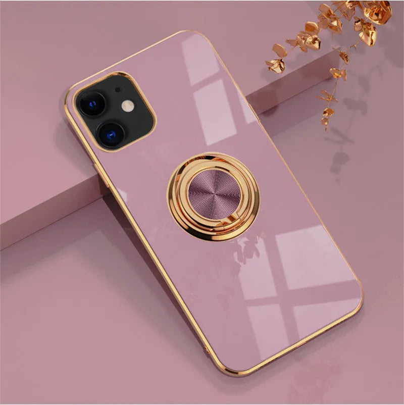 Silicone plating phone case for iPhone in various colours including milk tea, black, and light purple.