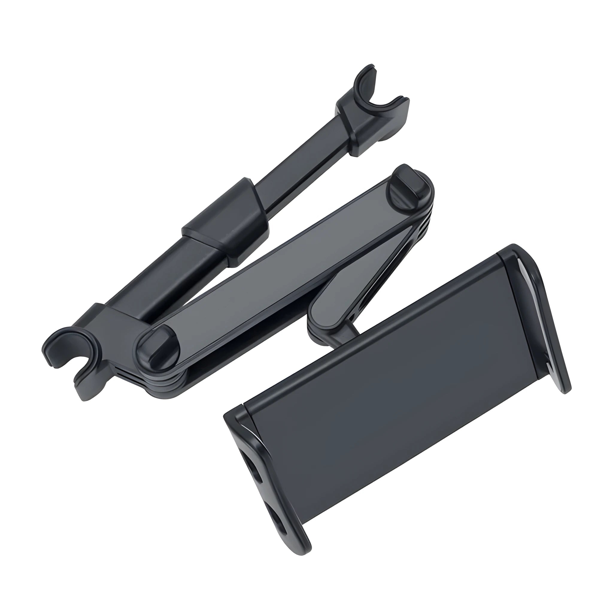 Black universal car phone and iPad holder mounted on a car seat headrest.