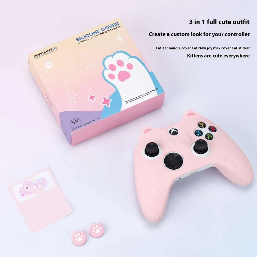 Cat ear silicone game controller cover in Pink with joystick caps and sticker on a white background