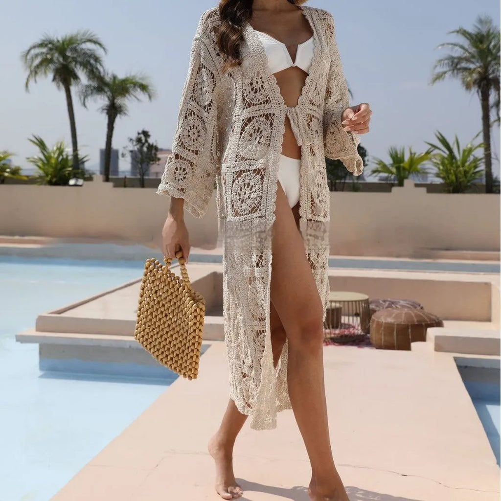 Women's apricot beach bikini set with long sleeve cotton shirt and embroidered detail