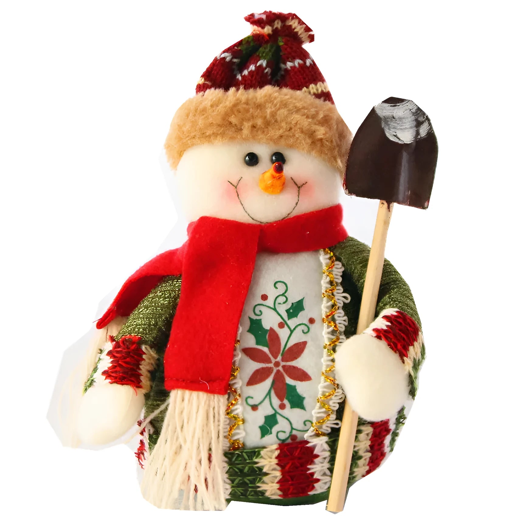 Red, green, and white flannel snowman Christmas wall hanging decoration measuring 18 by 13 centimetres.