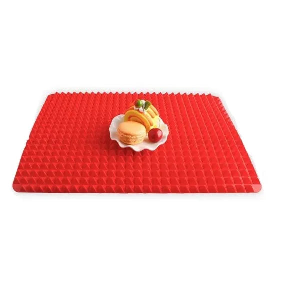 Red silicone pyramid grid cooking mat for oven and BBQ use