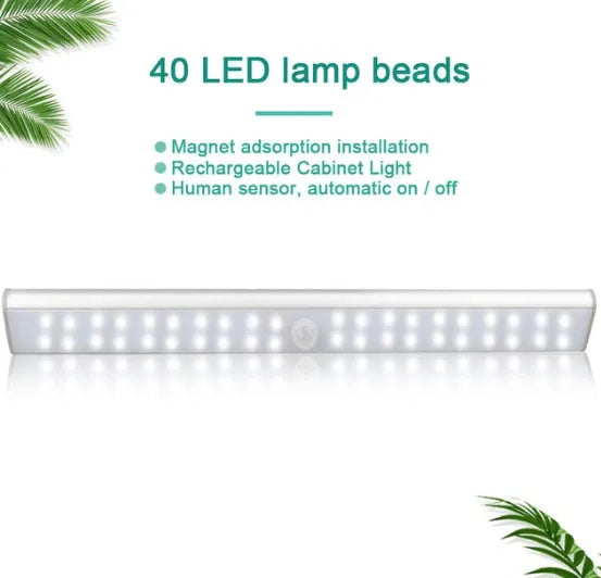 Rechargeable motion sensor LED light strip in three length options for cupboard lighting.