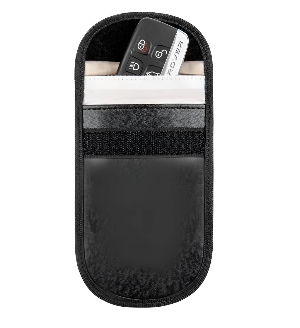 Black microfiber Faraday cage pouch for blocking car key fob and credit card signals.