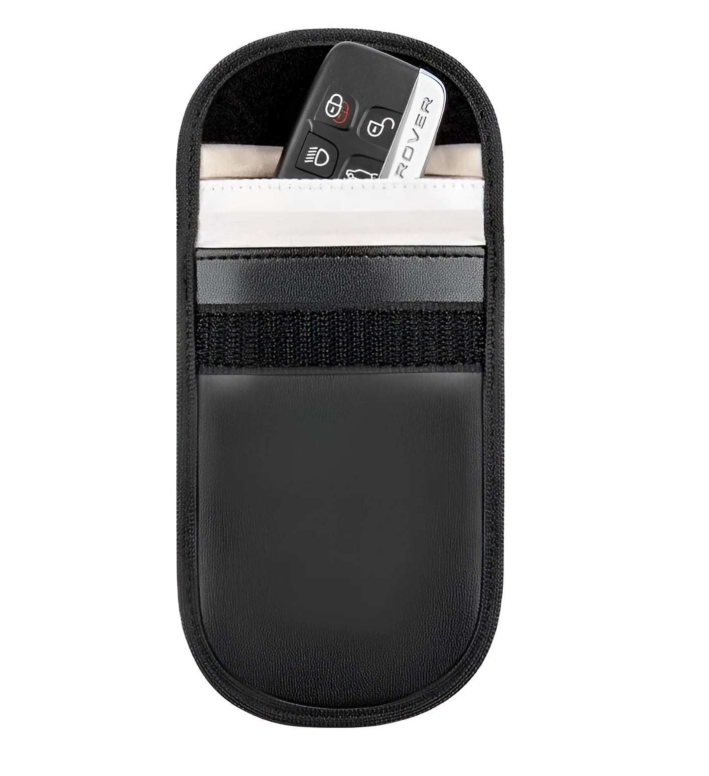 Black microfiber Faraday cage pouch for blocking car key fob and credit card signals.
