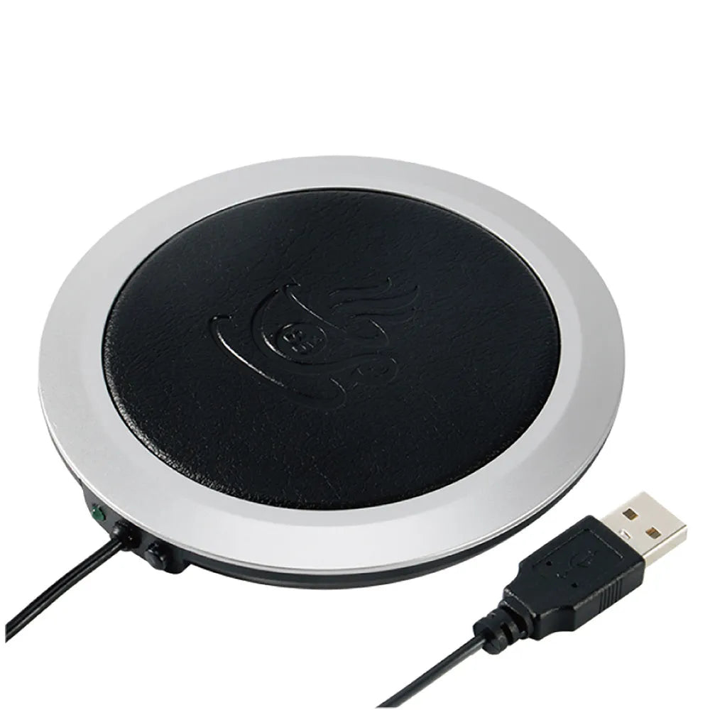 USB heating coaster in black, blue, and orange colours showing USB cable connection