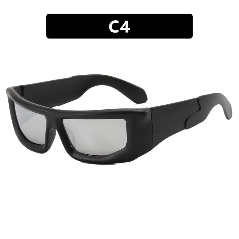 Futuristic sunshade sun glasses with AC lens and PC frame in silver frame with white mercury lenses box style