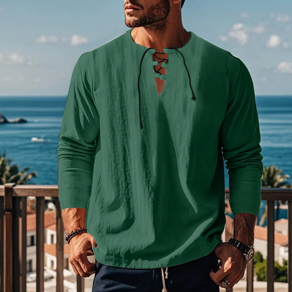 Cotton linen beach shirt in solid colour with loose pullover design showing size options