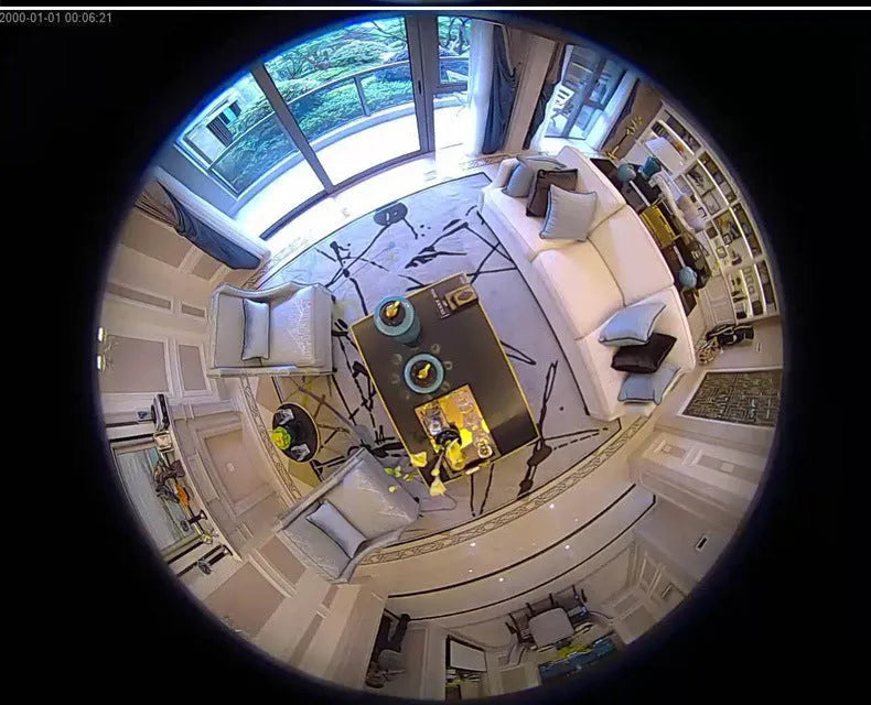Indoor fisheye network camera with 1.3MP resolution and 1.7mm wide-angle lens in black plastic housing