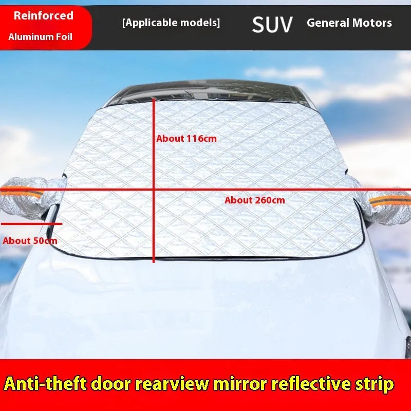 Large SUV winter windscreen cover with aluminum foil construction and magnetic attachments