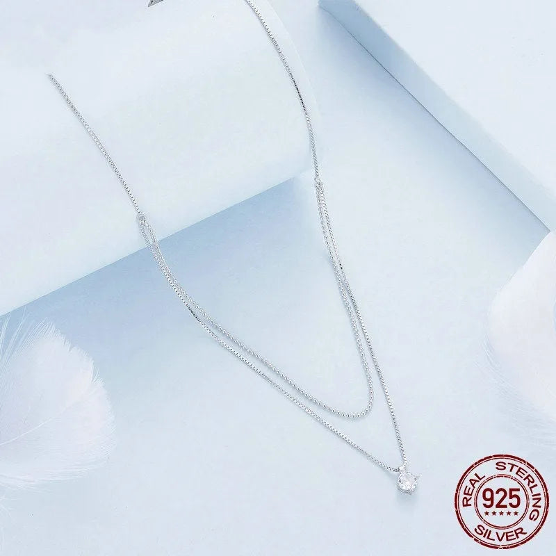Women's double-layer 925 sterling silver necklace with pearl chain and shining silver finish