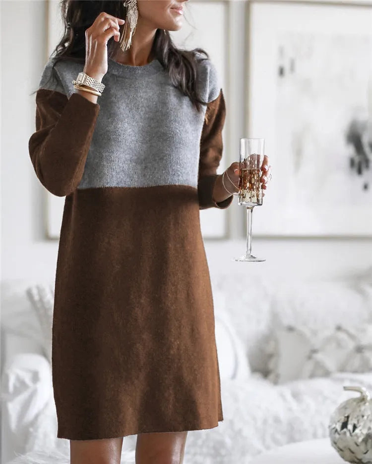 Brown women's loose-fitting patchwork long sleeve dress with a round neck and art retro collage stitching.