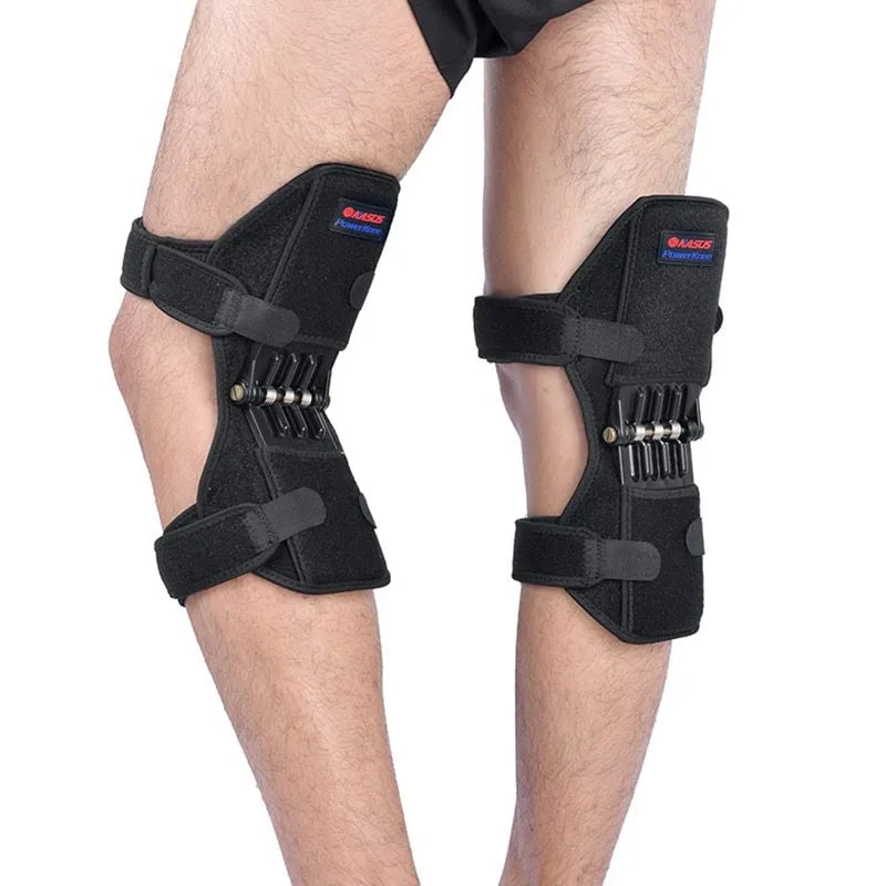 Knee brace with spring mechanism in adjustable design for mountaineering and sports activities