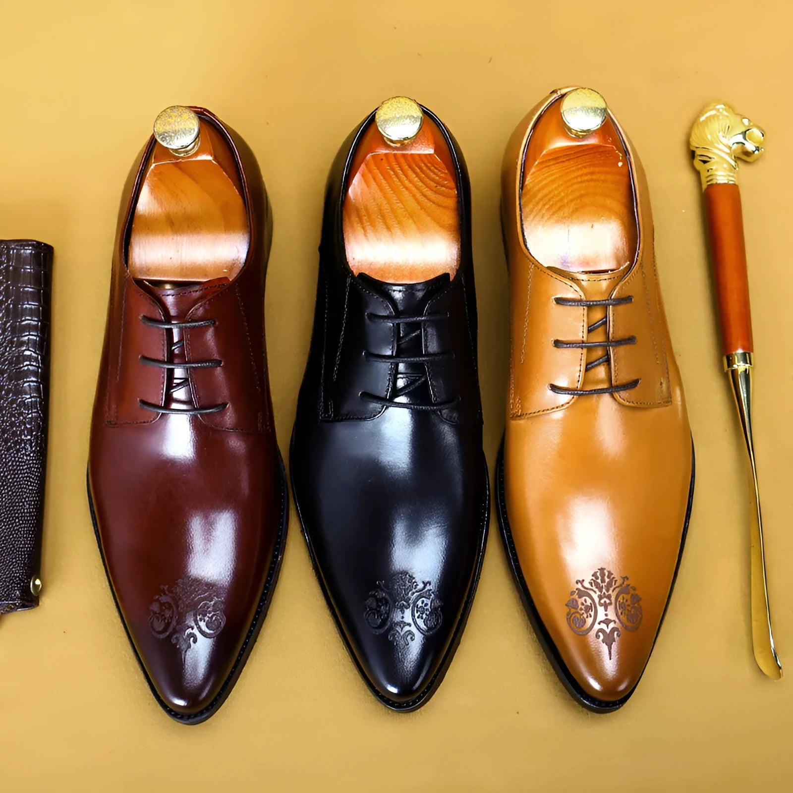 Men's cowhide leather pointed carved formal shoes in black, brown, or wine red with rubber sole