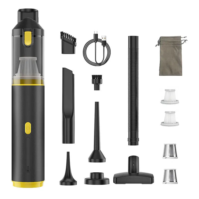 High-power rechargeable car vacuum cleaner in black with multiple nozzle brush heads and charging cable