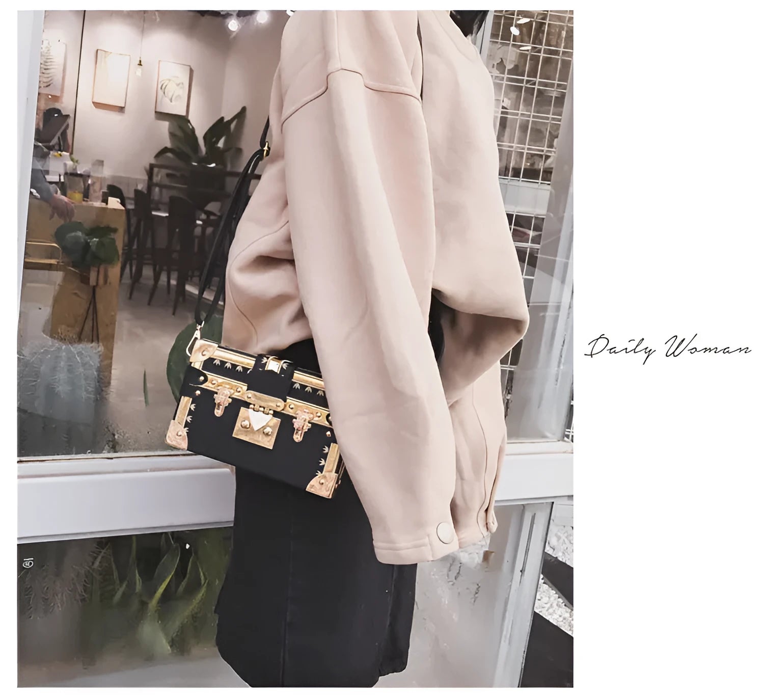 Hard structure black PU leather women's flap bag with shoulder strap and hasp closure