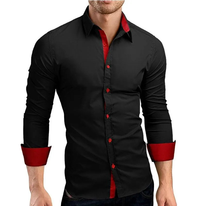 Men's long sleeve cotton lapel shirt in plus sizes, slim fit cardigan style, available in multiple colours