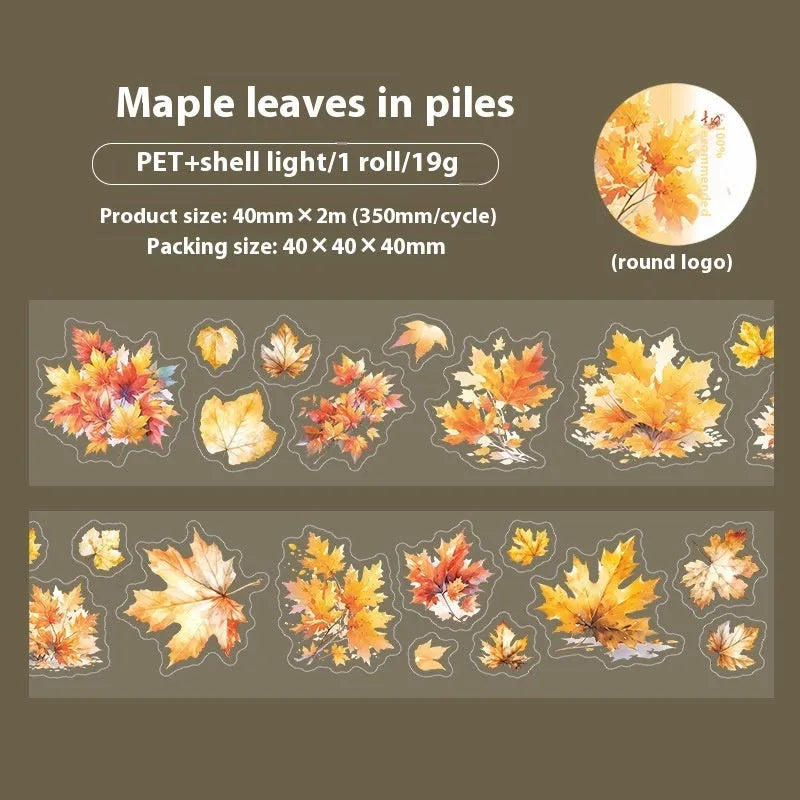 Roll of decorative leaf pattern stickers for hand account books showing six different natural designs including ginkgo and maple leaves