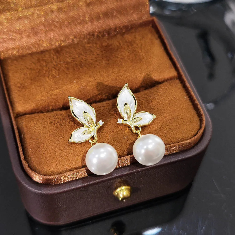 Women's simple copper butterfly earrings with zircon painting oil finish, colour PT0203.