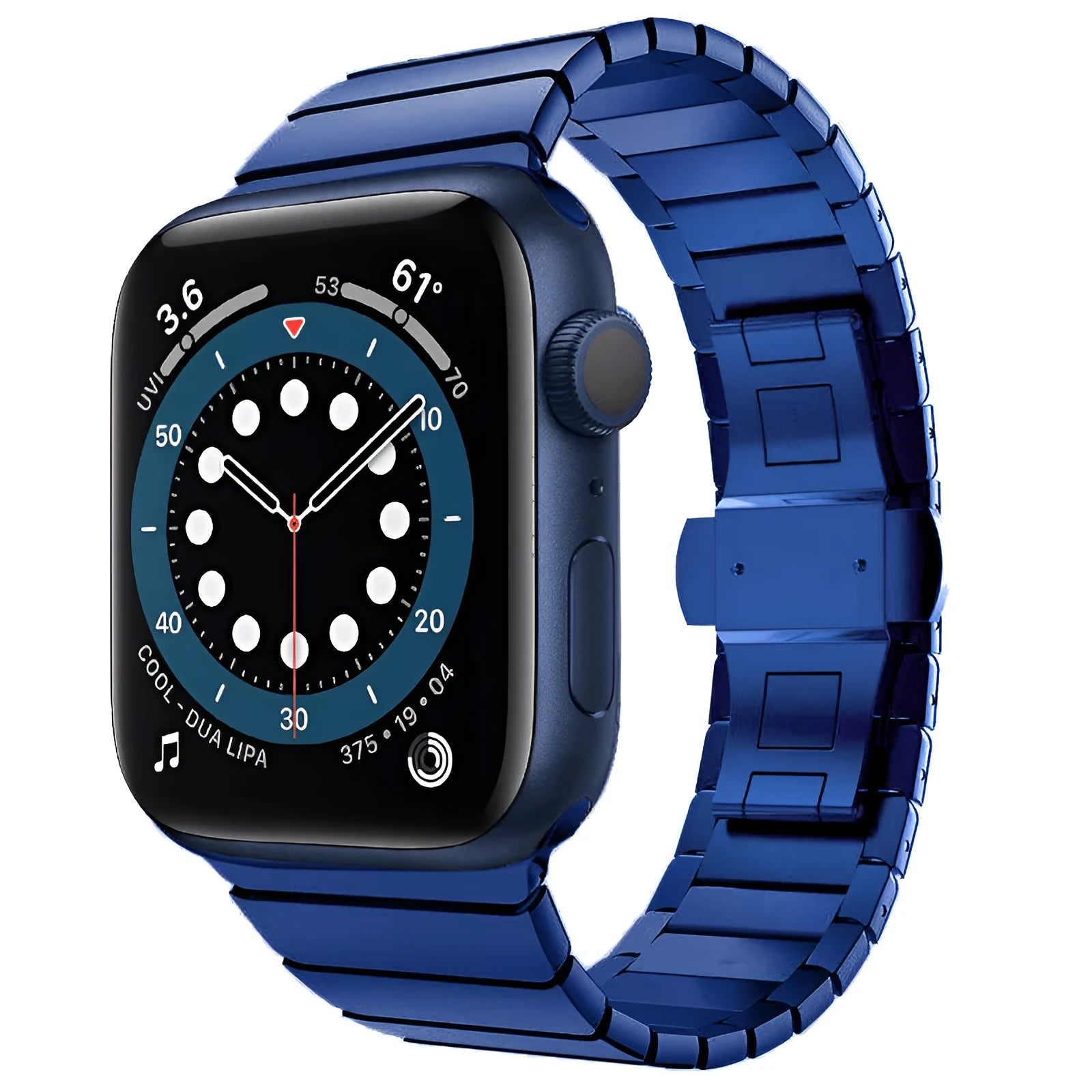 Stainless steel Apple Watch compatible metal band with butterfly buckle in five colour options.