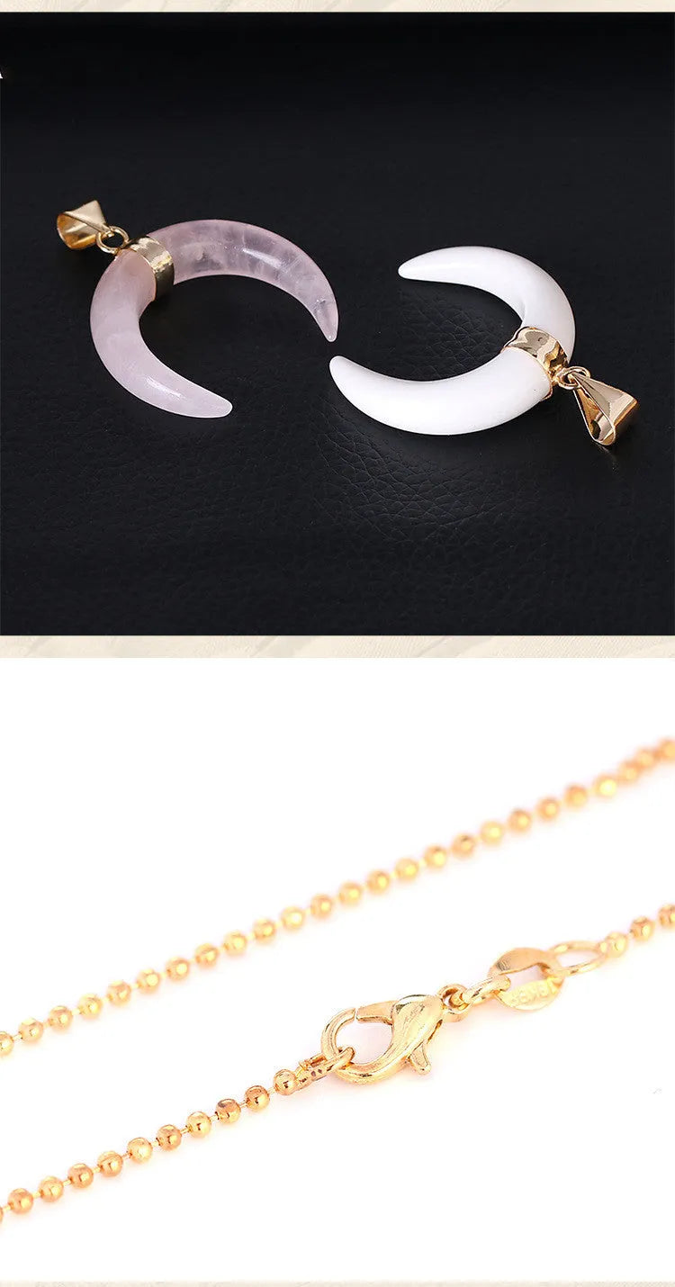 Natural stone crescent moon pendant necklace with 45cm chain and electroplated copper fittings