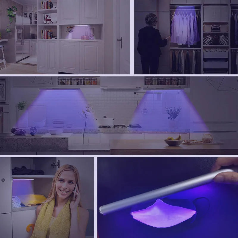 Silver handheld UV disinfection stick on white background, USB rechargeable, 20x300mm, PC aluminium construction