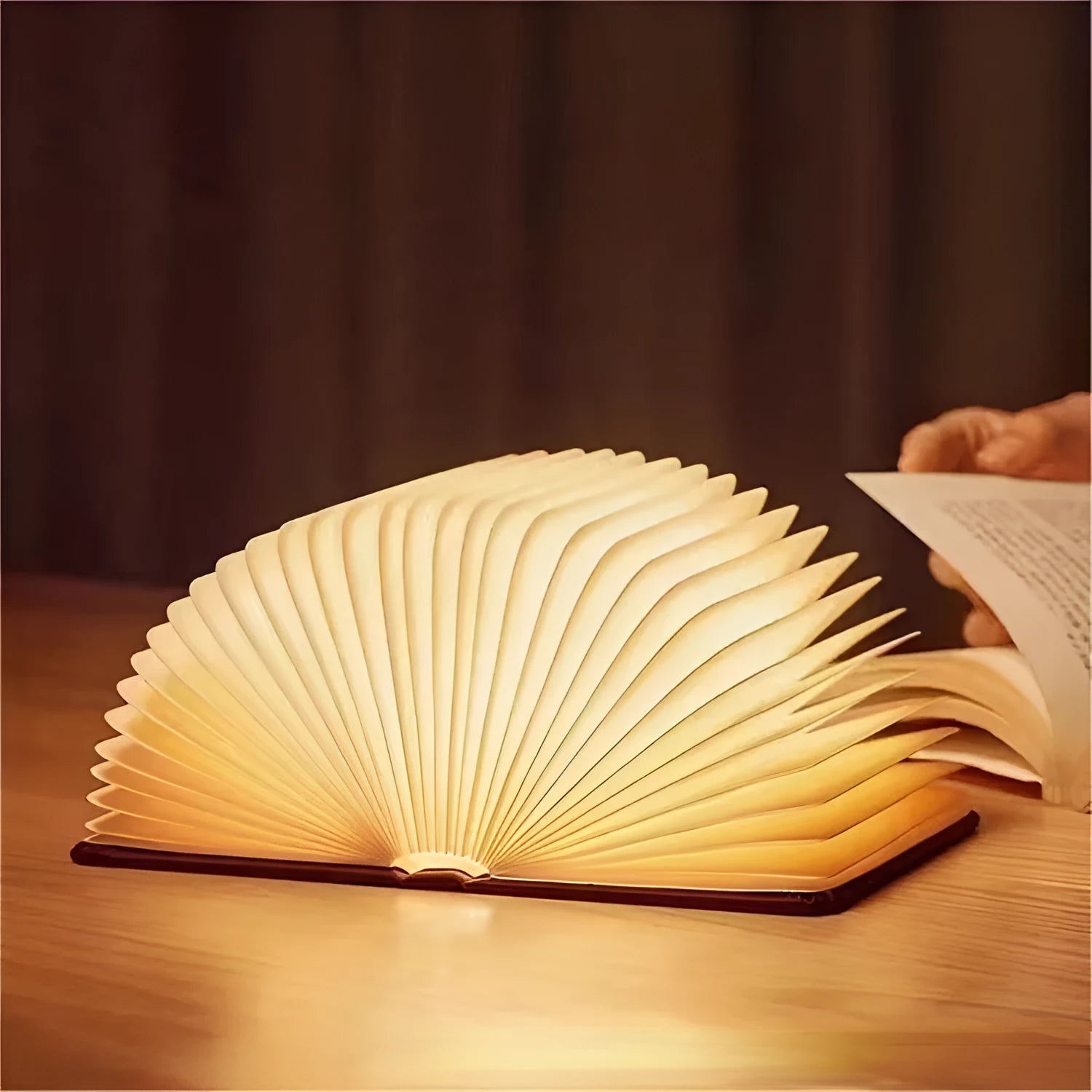 Leather folding small night lamp with tricolour lighting in book style, shown in wood grain finish