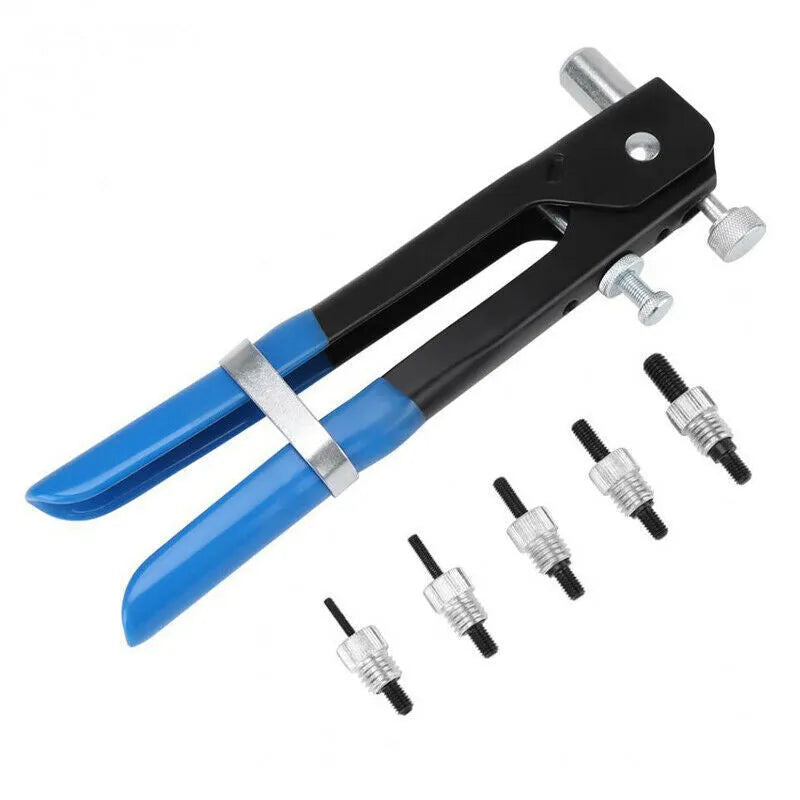 Alloy steel manual riveter tool with a case of nuts and rivets from the included gun set.