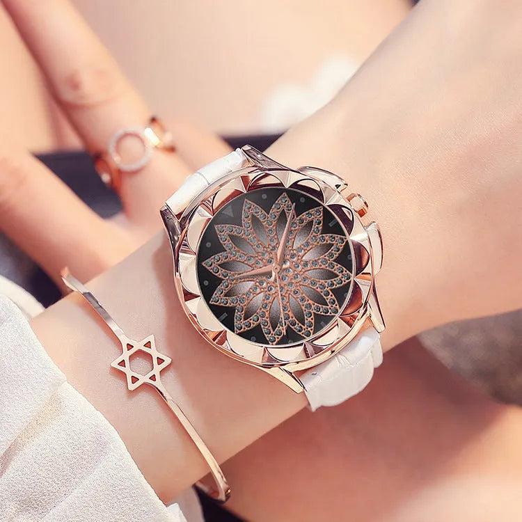 Ladies quartz watch with rotating dial, 40mm alloy case, PU leather strap, and pin buckle closure