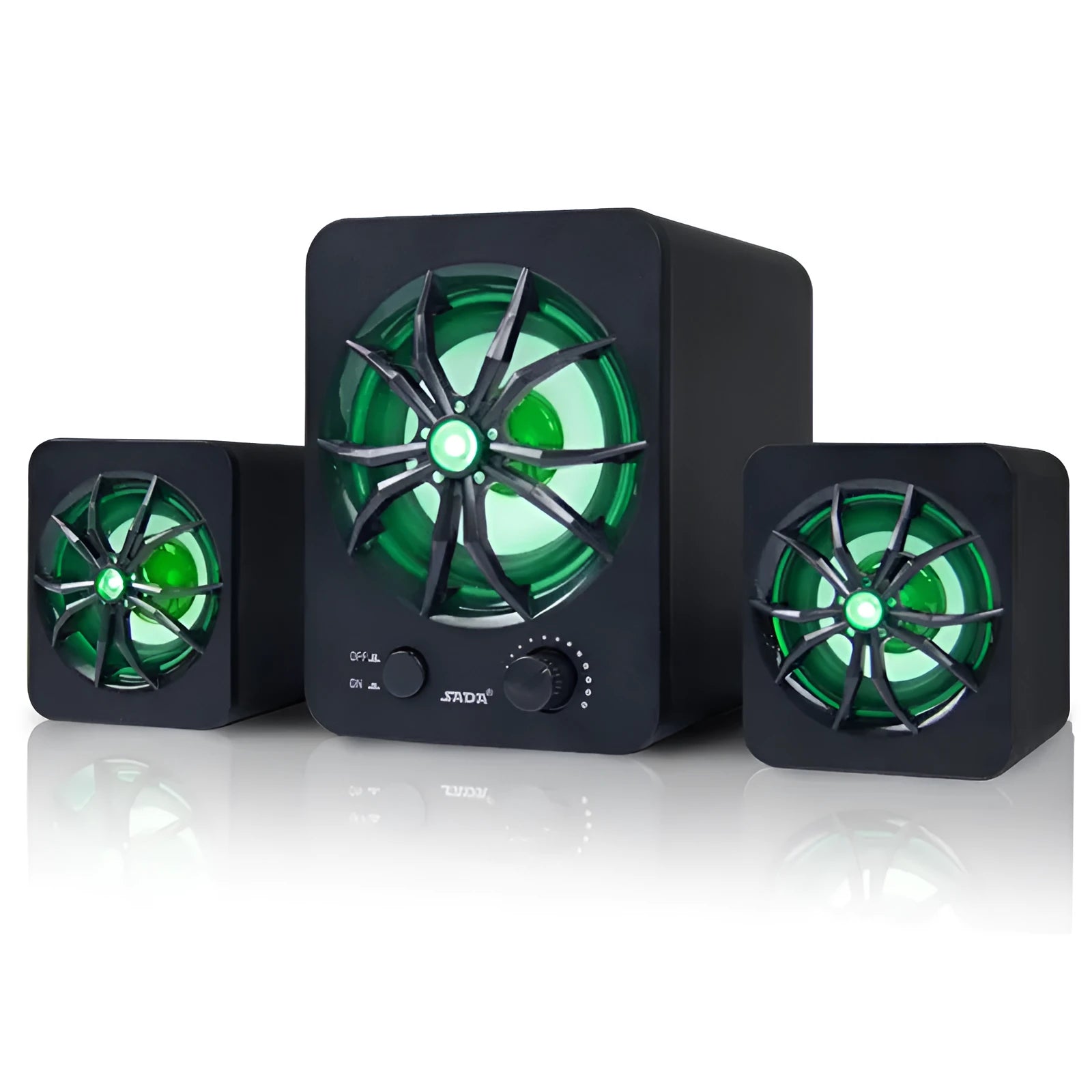 Green 2.1 USB computer speaker with colourful glowing lights and a 150cm connection cable.