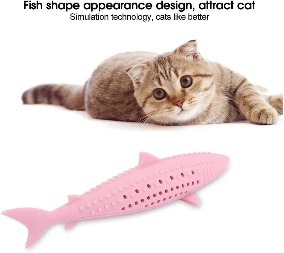 Green silicone fish-shaped chew toy for cats on a white background
