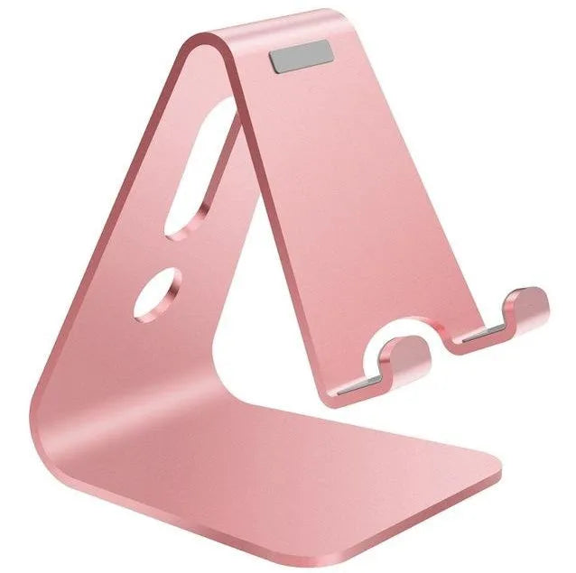 Aluminium alloy universal phone and tablet holder stand in silver, shown holding a smartphone at an angle.