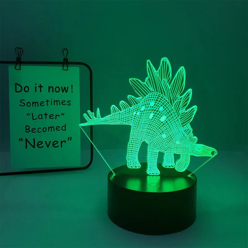 Colourful cartoon dinosaur LED desk lamp with remote control and acrylic lampshade on a black base
