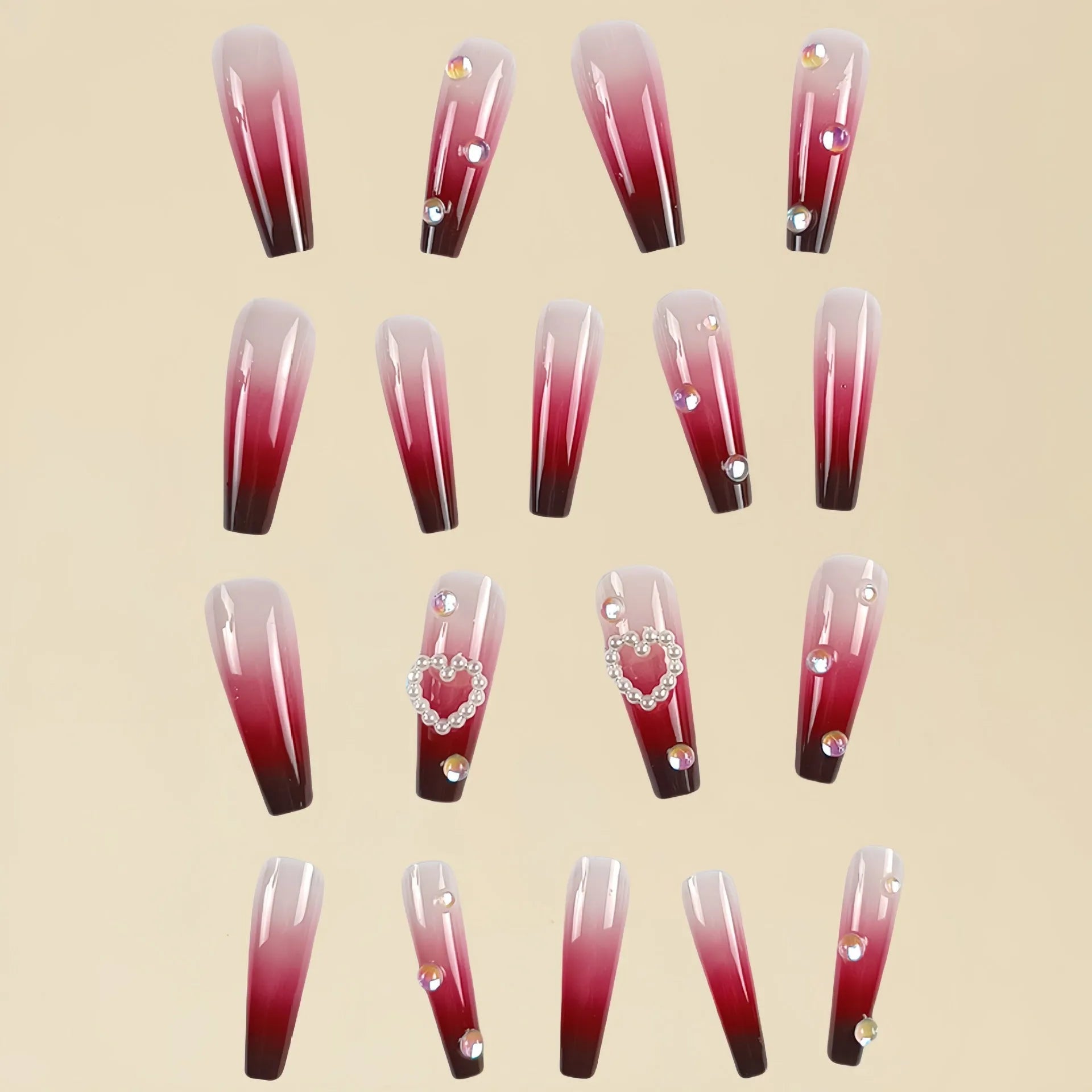 Wine red gradient false nail tips with plaid pattern, jelly glue, and rubbing clause in package