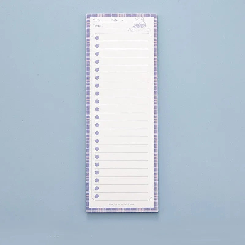 Long sticky note pad with bear and bunny designs, 50 sheets of 80g paper, 91mm by 256mm size.