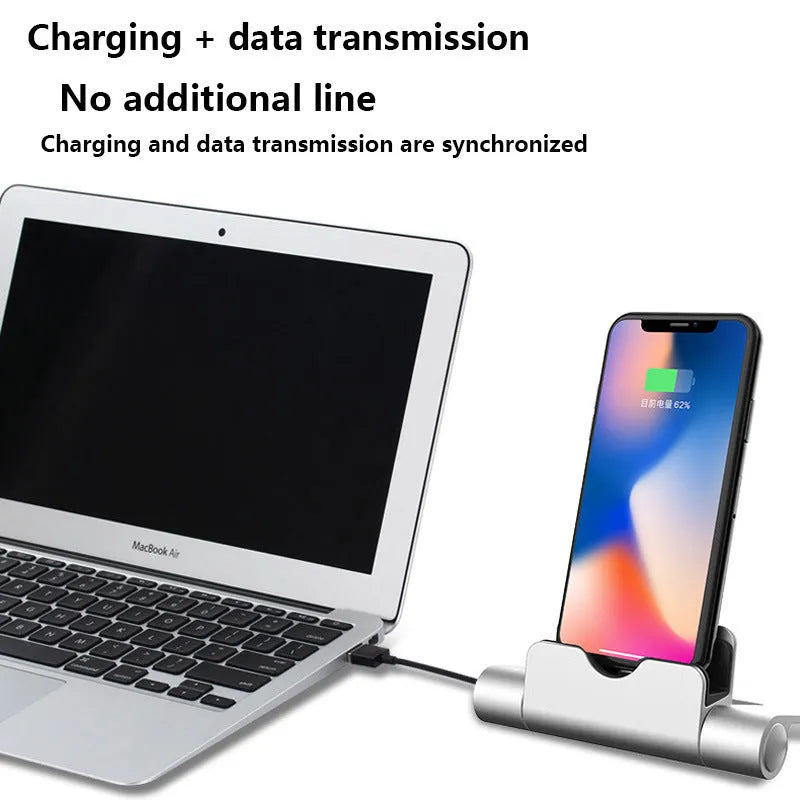 WQ26 desktop charger stand for mobile phones in black, compatible with iPhone, MicroV8, and Type C cables