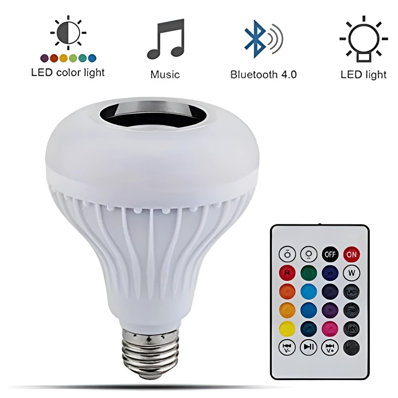 White E27 LED light bulb with Bluetooth speaker and remote control for 16 colour options