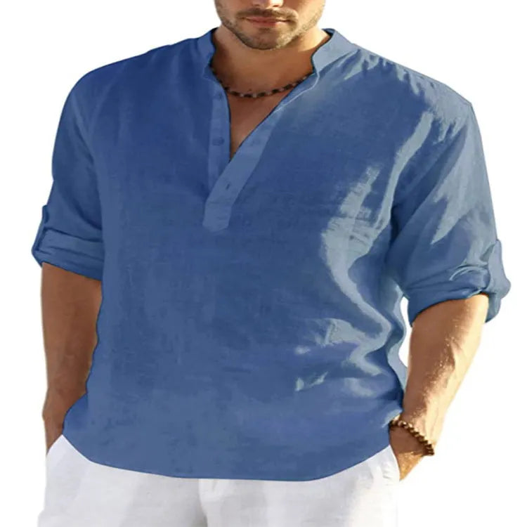 Men's light blue cotton linen stand collar long sleeve casual shirt buttoned down