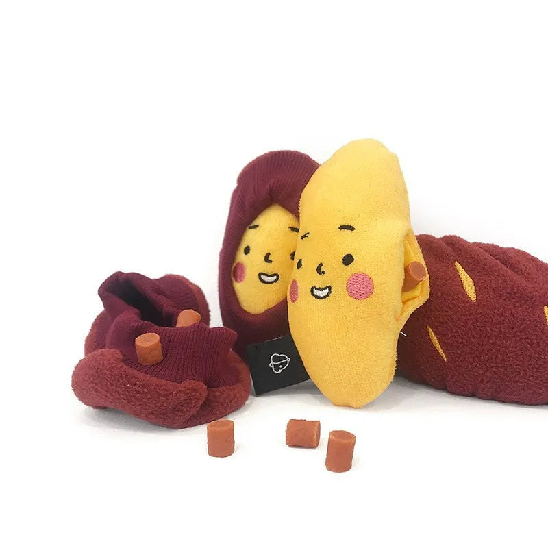 Red sweet potato shaped pet hidden food toy with treat pocket for slow feeding