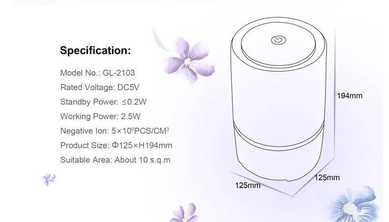 White USB desktop air freshener with anion generator, 125mm diameter, 194mm height, on desk with USB cable