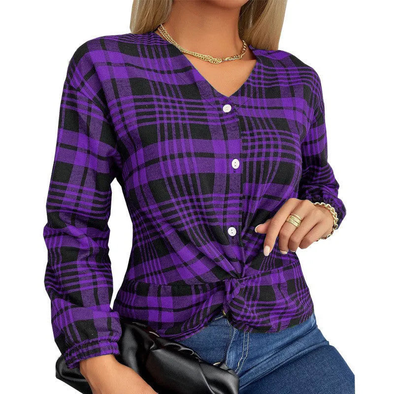 Women's purple plaid casual shirt with regular sleeves on hanger